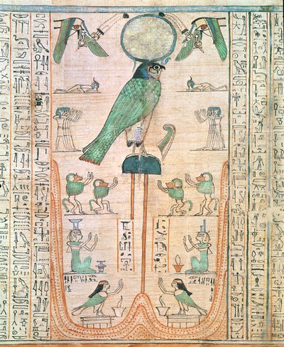 Klanění vycházejícímu slunci v podobě sokola Re-Horakhty, Nová říše, asi 1150 př. n. l. (papyrus) od Egyptian 20th Dynasty